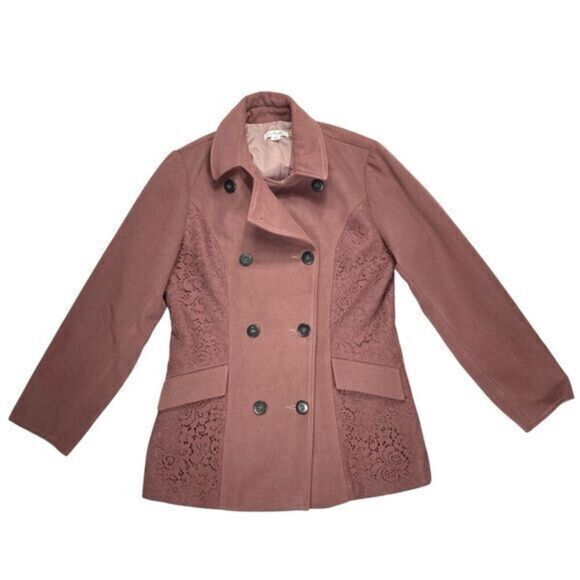 Simply Noelle Double Breasted Pea Coat Sz S Pink Lace Classic Boxy Preppy Jacket - Picture 1 of 16